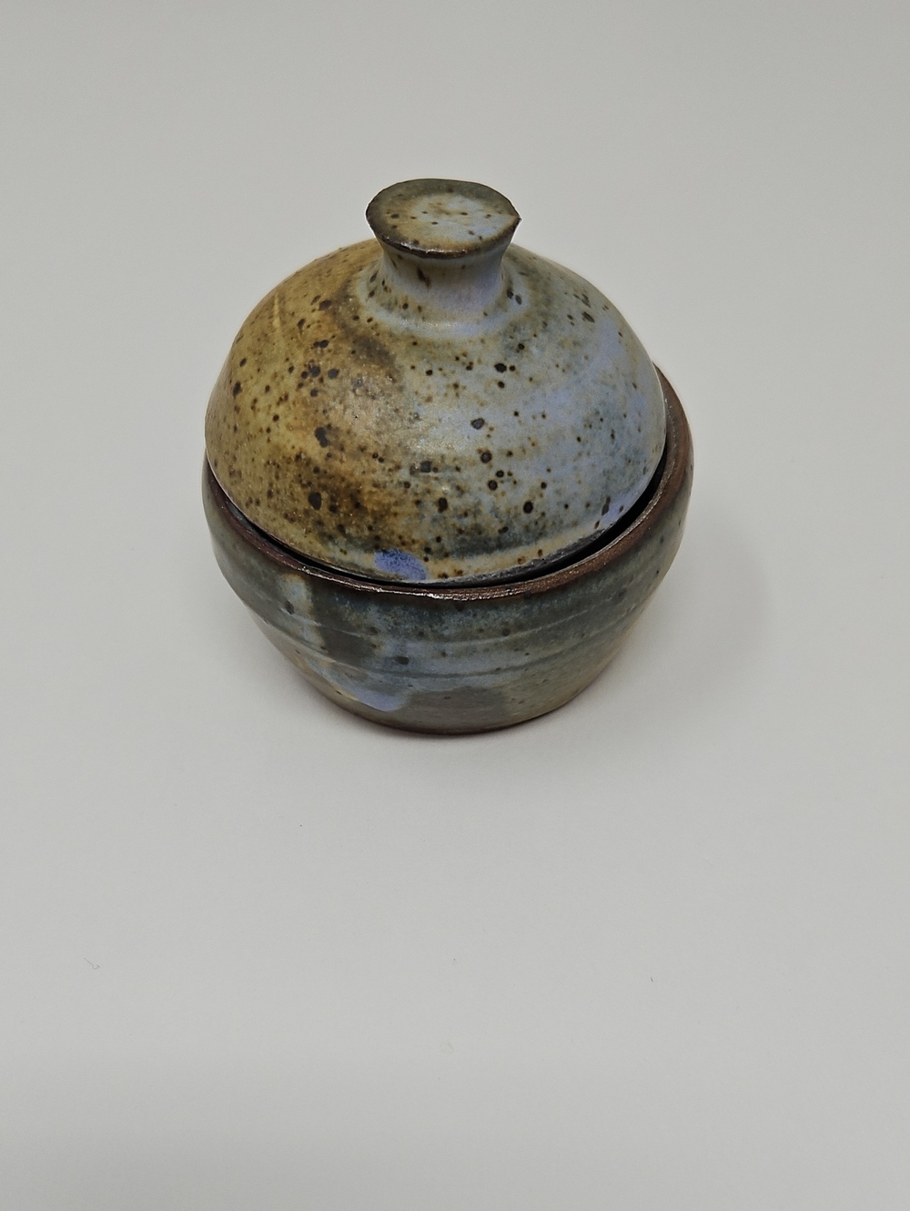 Handcrafted Pottery Lidded Jar in Speckled Tan and Blue Signed Artsy